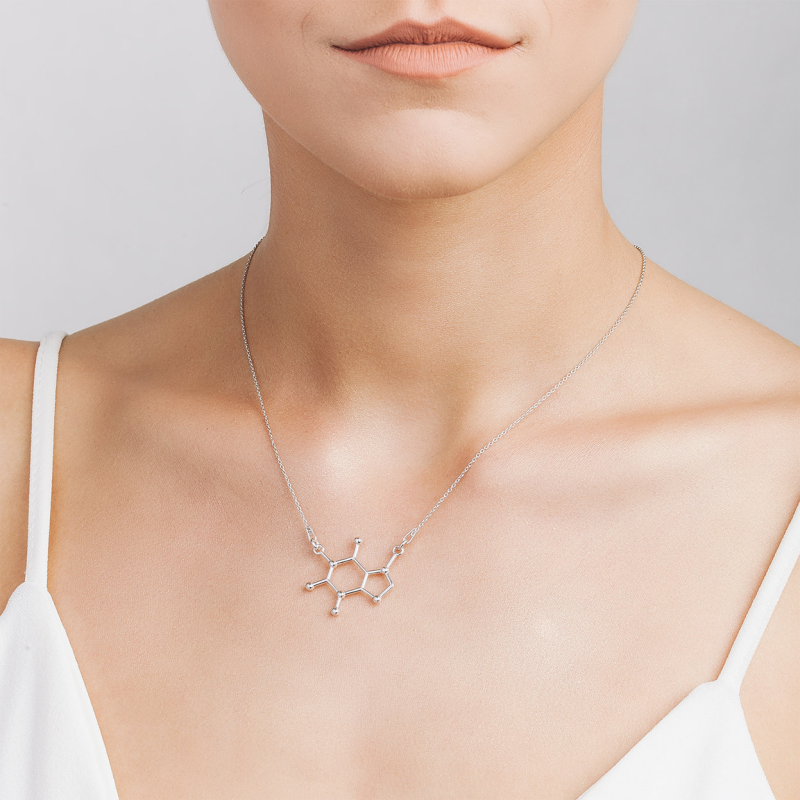 Caffeine necklace, sterling silver 925 platinum plated                                    