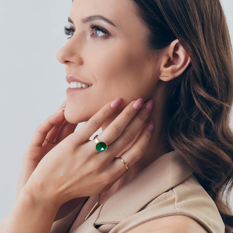 Silver ring with Rose Cut stone - green jadeite, silver 925 platinum plated                                    